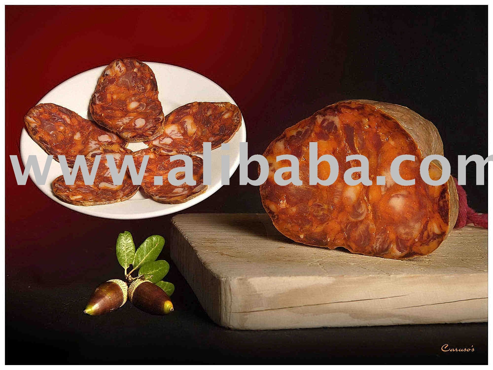 cured iberian acorn pork chorizo and different packaging of