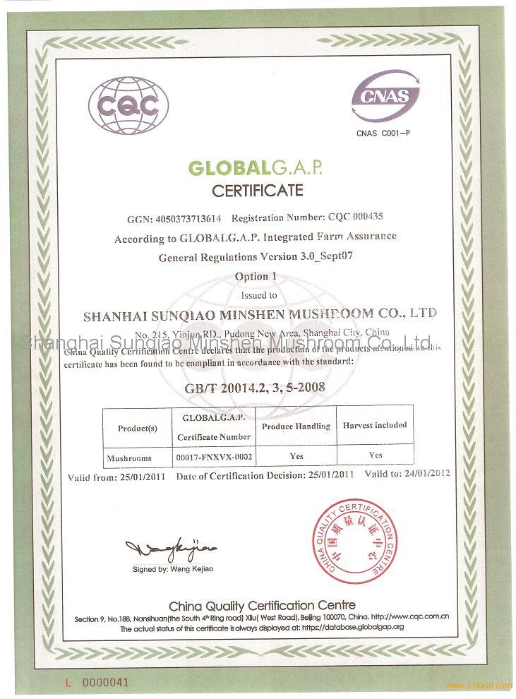 Global Gap Certificate-mushrooms - Shanghai Sunqiao Minshen Mushroom Co 