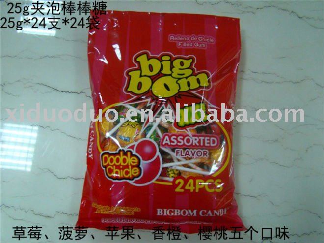 25g fruit lollipop candy with bubble gum