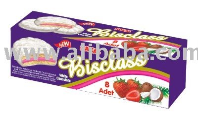 Hazal Bisclass Milky White Compound Choco- late and Coconut Coated Marshmallow Sandwich Biscuit with