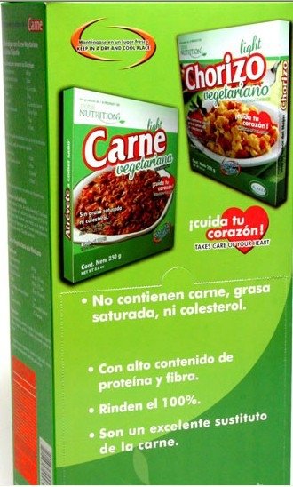 BOX WITH 10 250 GR/8.8 OZ PACKAGES OF VEGETARIAN CHORIZO AND VEGETARIAN MEAT