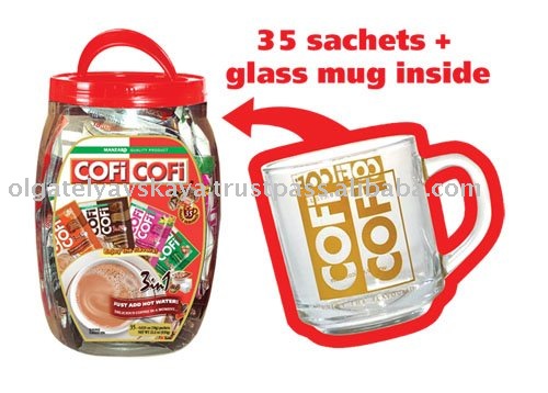 NEW COFICOFI Mixed flavours in a plastic jar with a  glass   mug 