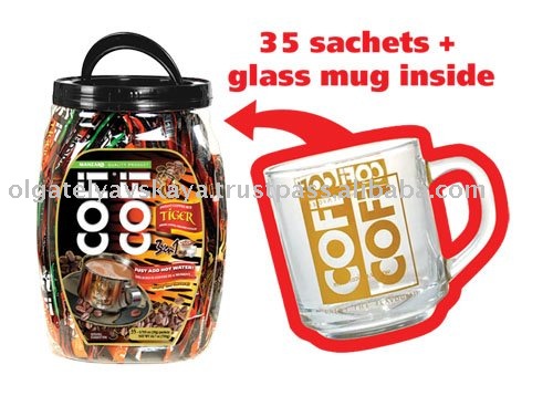 NEW Best Tiger Coffee mix 3-in-1 In Plastic Jar 35s + glass mug
