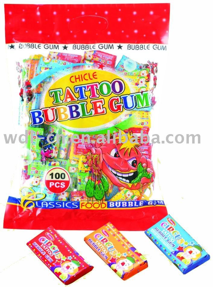 Bubble gum tattoo in printed bag(candy  fruit flavour chewing gum)