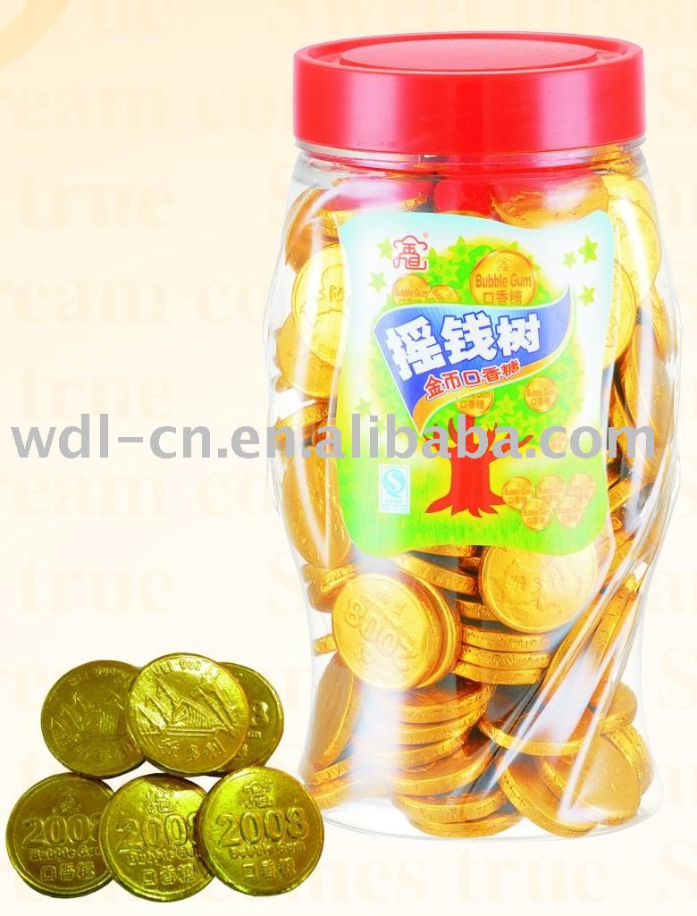 Golden coin bubble gum in champion jar(candy  chewing gum)