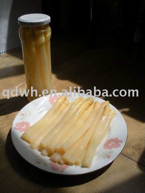 Canned white asparagus in glass jar