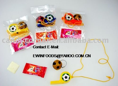 Football key ring and whistle toy with bubble gum
