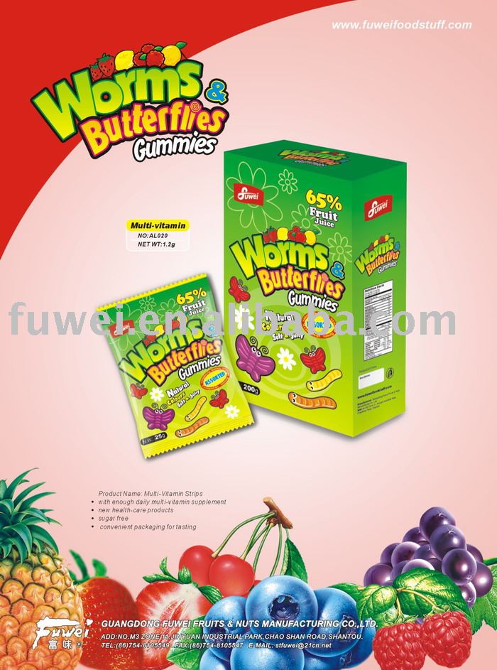 65% fruit juice gummy Worms   Butterflies