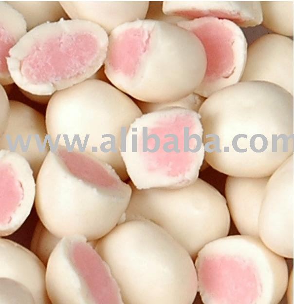 White chocolate coated strawberry fudge