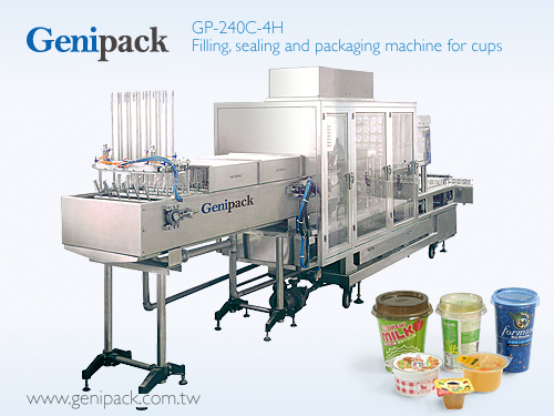 Filling, sealing and packaging machine for cups
